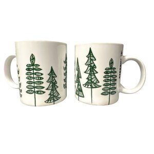 Starbucks Green Christmas Tree Coffee Cup Set Pair White Ceramic Winter Holidays